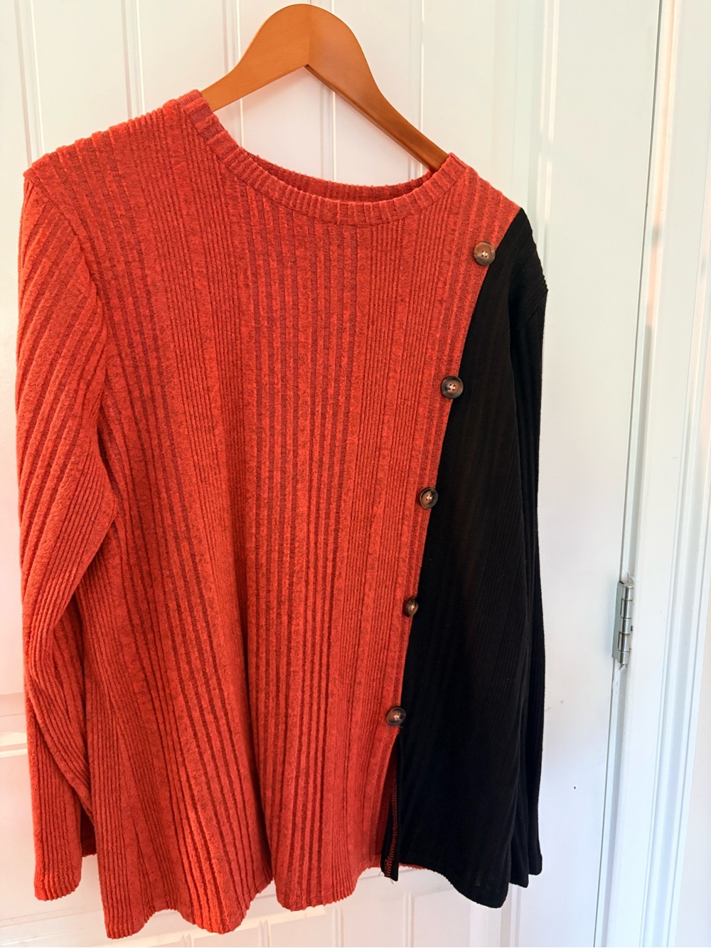 Orange and Black Button-Accent Ribbed Women's Sweater